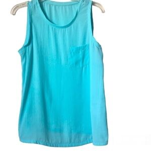 Sheer Turquoise Blue Sleeveless Blouse Crewneck Pocket Long Shirt Top Small S